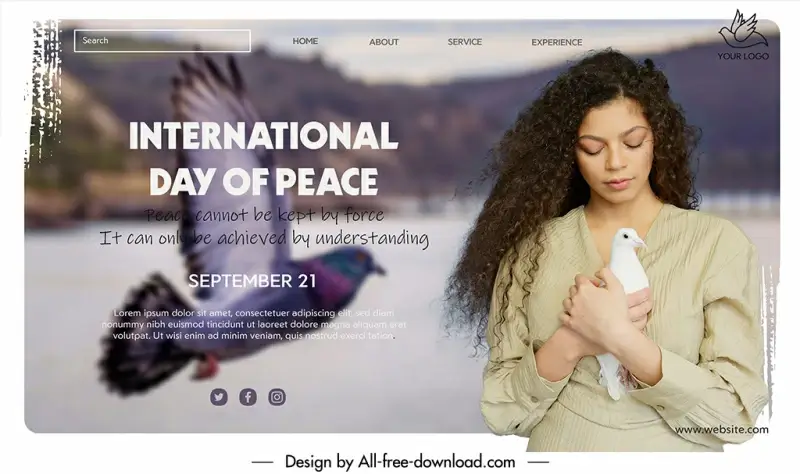 landing page international day of peace template woman holding pigeon sketch dynamic blurred design
