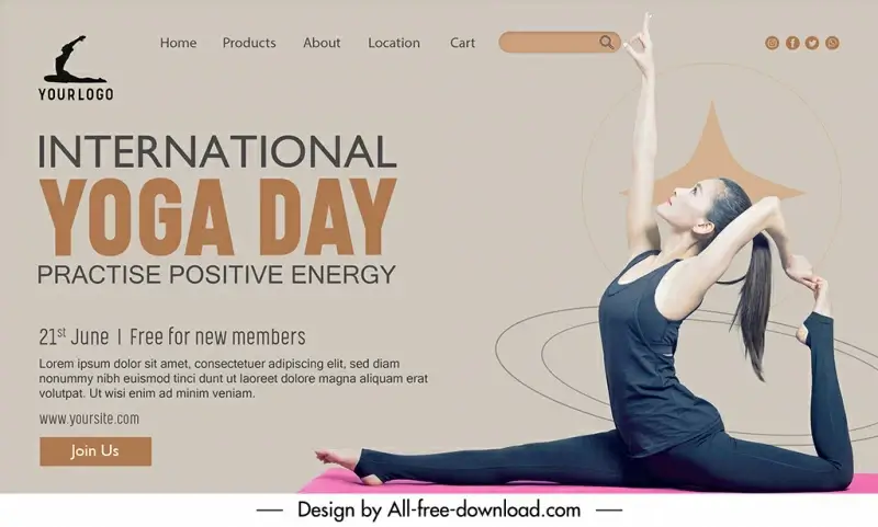 landing page international day of yoga template dynamic modern stretching lady sketch