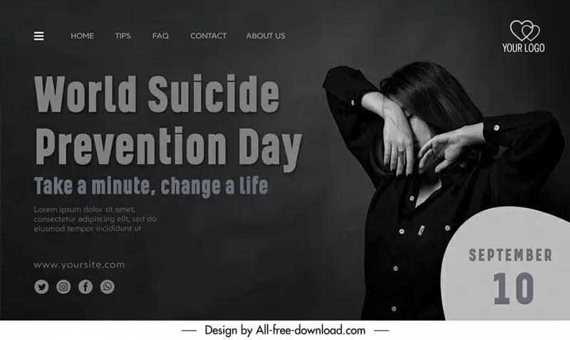 landing page international world suicide prevention day template dark black white decor upset lady sketch