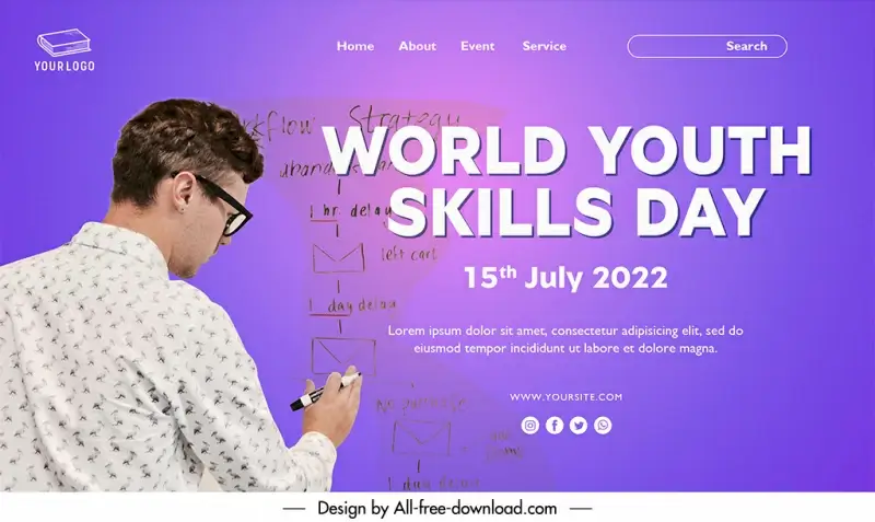 landing page international world youth skills day template bright realistic man writing blackboard sketch