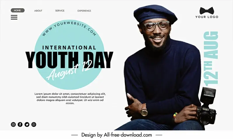 landing page international youth day template photographer smiley sketch modern contrast design 