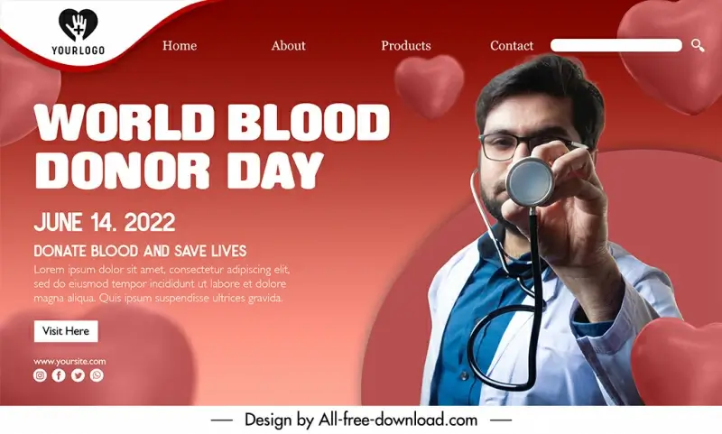 landing page world blood donor day template realistic doctor hearts sketch