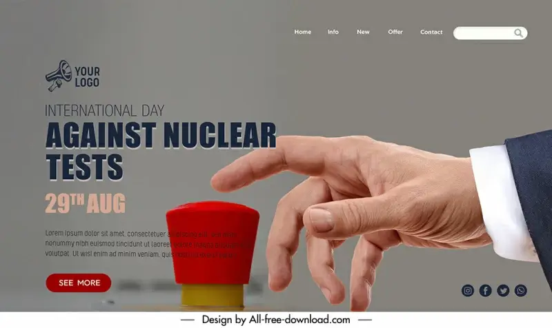 landing page world day against nuclear tests template closup modern realistic hand control button sketch