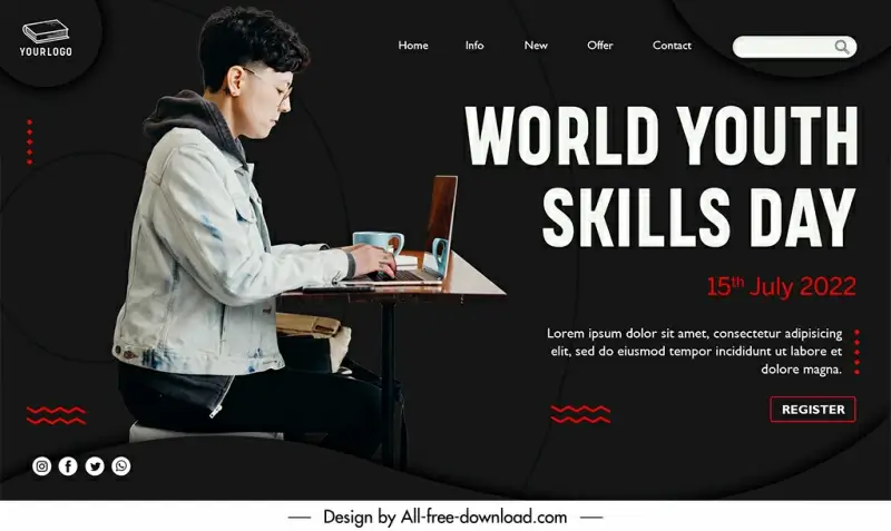 landing page world youth skills day template man working with laptop sketch modern contrast design 