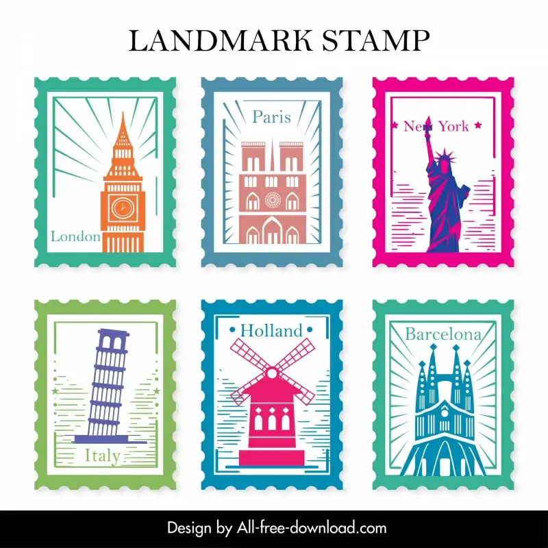 landmark stamps collection flat classic silhouette nation symbols