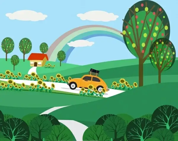 landscape background green trees car icon cartoon design