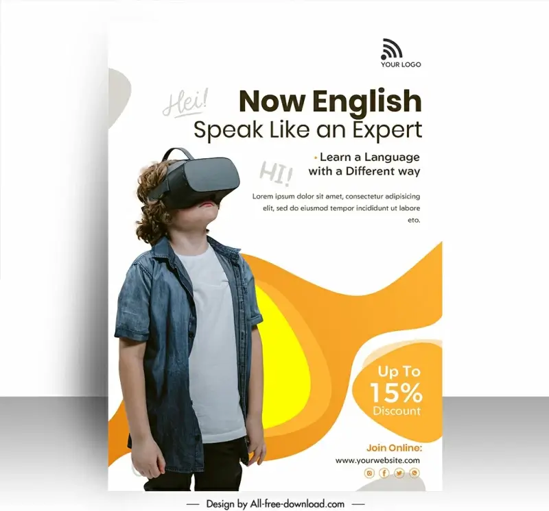 language course poster template boy watching video device