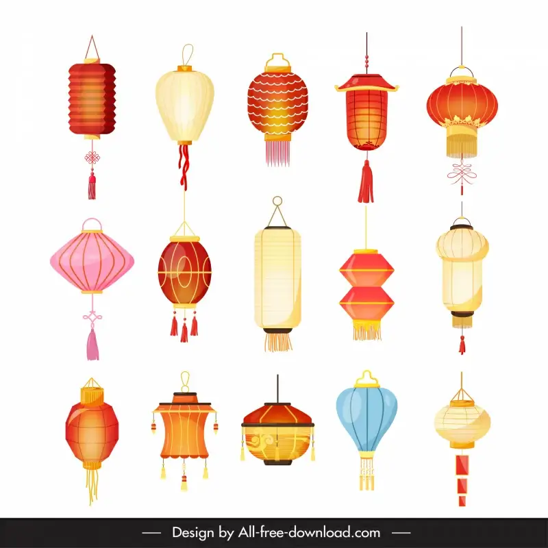 lantern china icons collection elegant classical shapes sketch