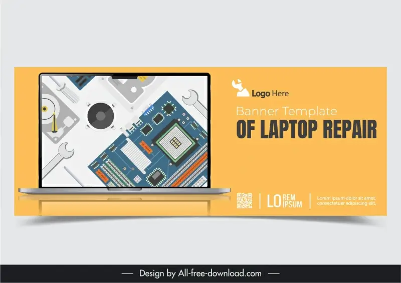 laptop repair banner template flat mainboard wrench laptop screen