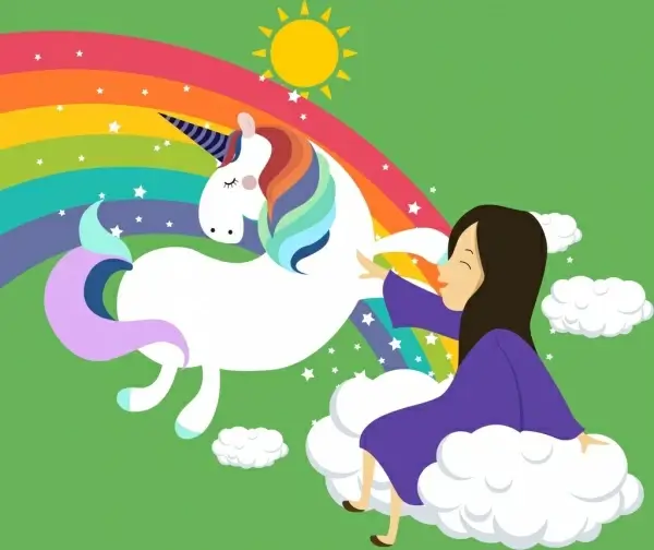legendary background flying horse small girl rainbow icons