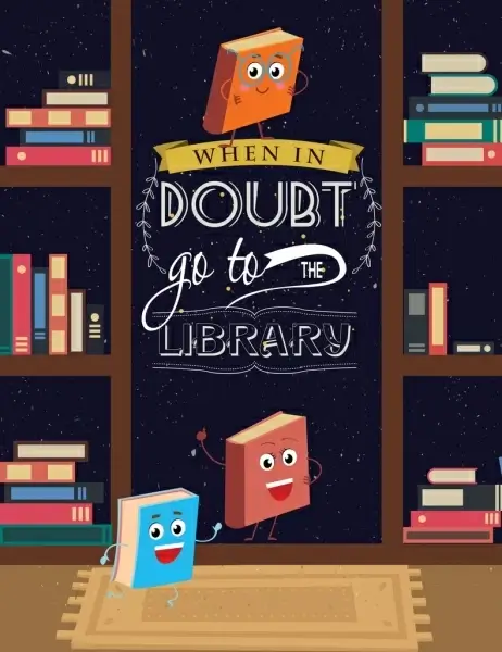 library advertisement stylized book icons colored cartoon design