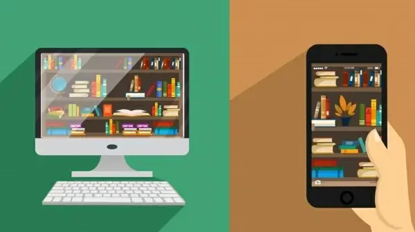 library advertising computer smartphone bookshelves icons