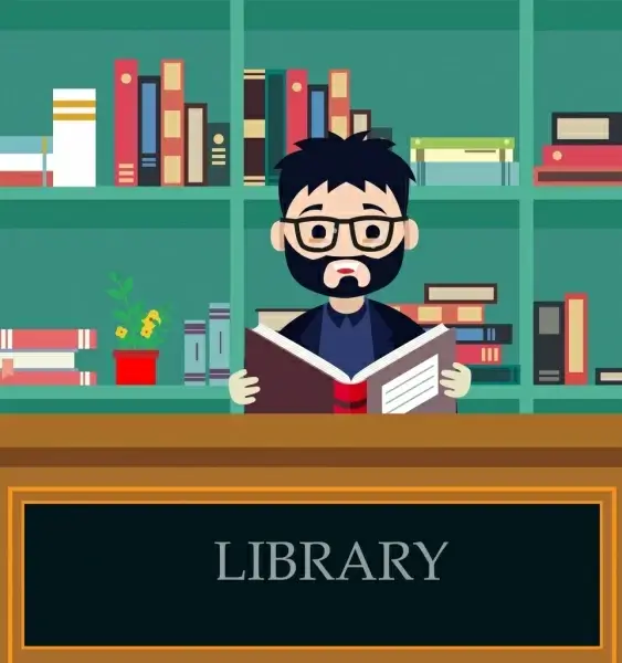library background man reading book icon colored cartoon