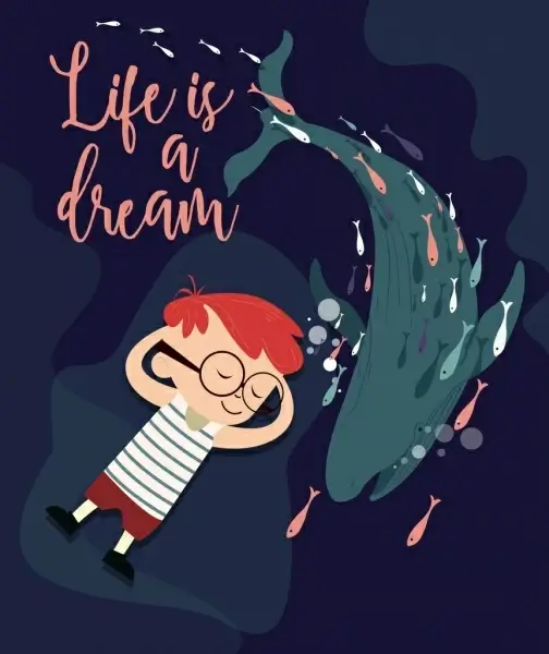 life banner sleeping boy ocean whale cartoon design