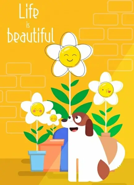 life banner stylized flowers dog icons cute design