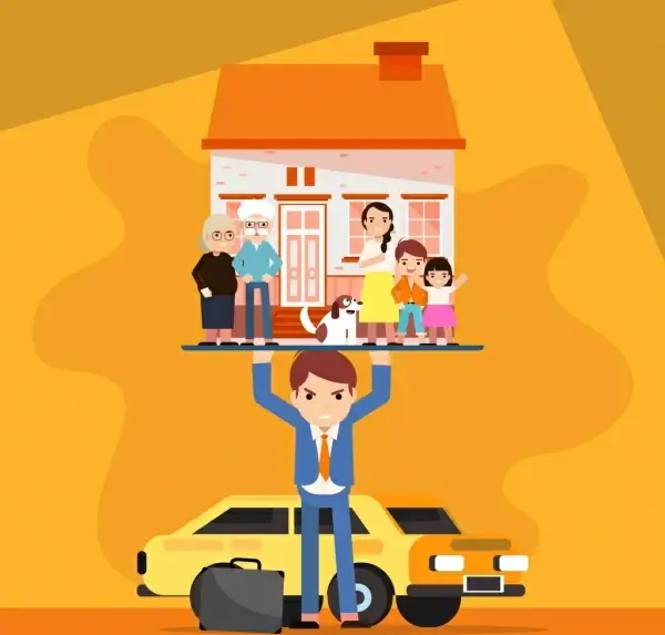 life burden background man lifting house family icons