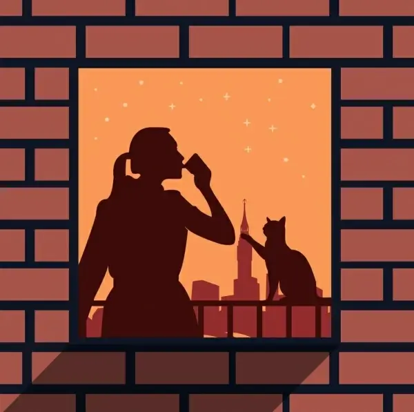 lifestyle background woman cat window icons silhouette decor