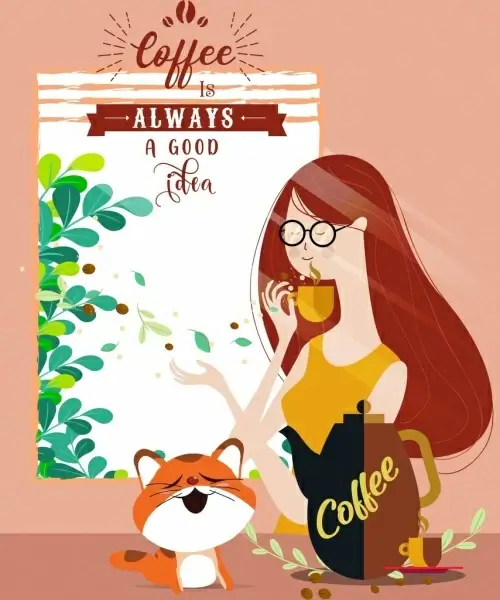 lifestyle banner woman cat coffee icons cartoon design