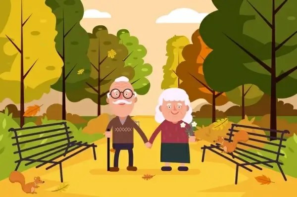 lifestyle drawing old couple park icons colored cartoon