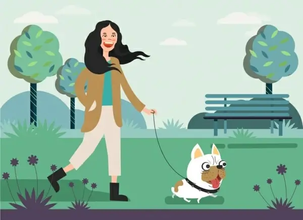 lifestyle drawing park woman pet icons cartoon design