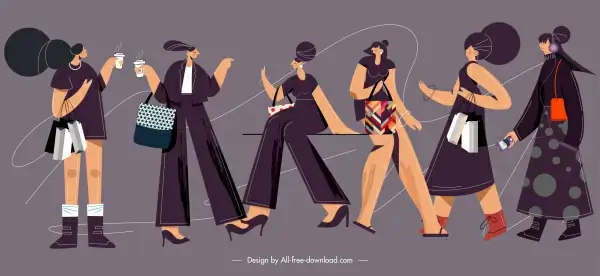 lifestyle icons lady fashion sketch cartoon characters