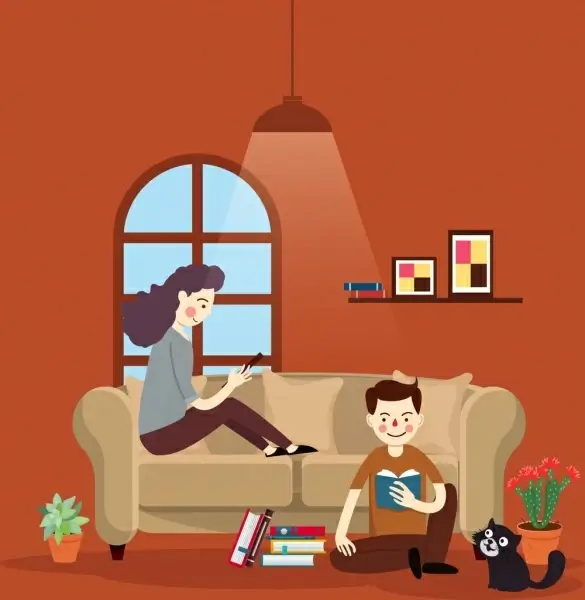 lifestyle painting reading people home icons cartoon design
