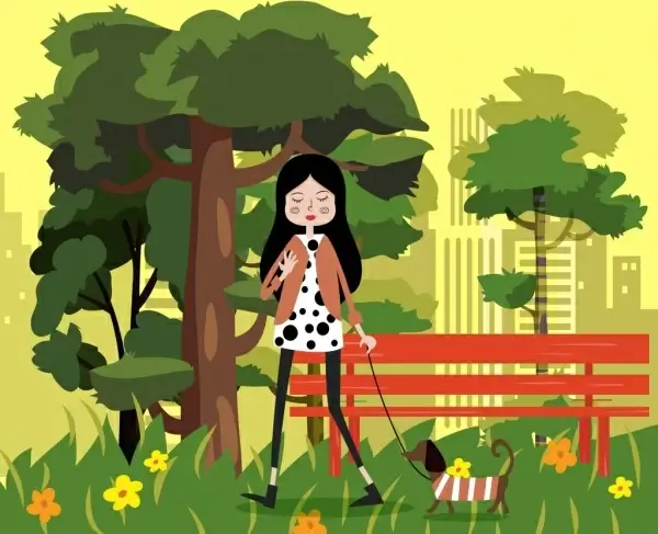 lifestyle painting walking woman pet park icons