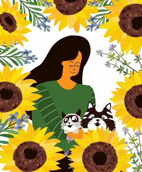 lifestyle painting woman pets sunflowers icons cartoon design