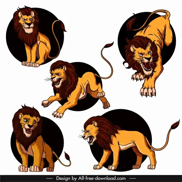 lion icons colored cartoon sketch
