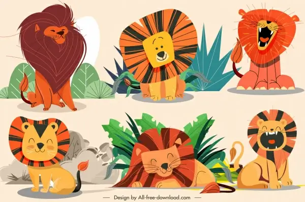 lion icons cute cartoon sketch handdrawn design