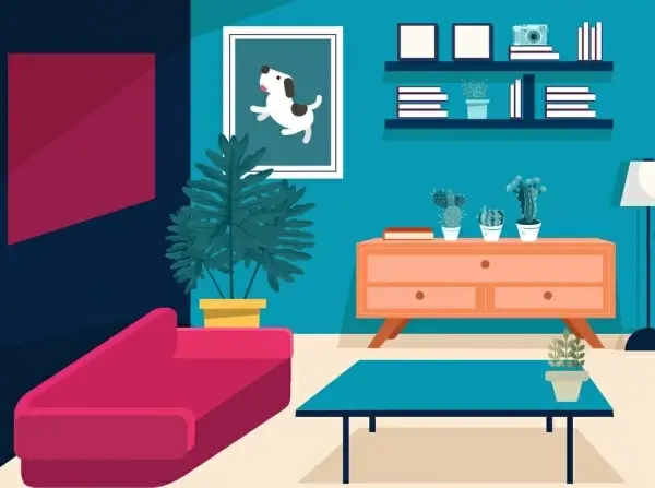 living room decor background furniture icons modern design
