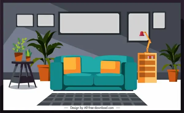 living room decor template colorful classic sketch