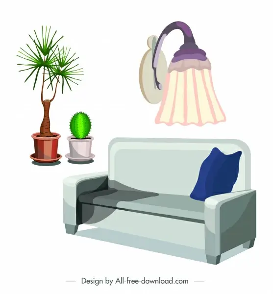 living room furniture icon sofa flowerpot light sketch