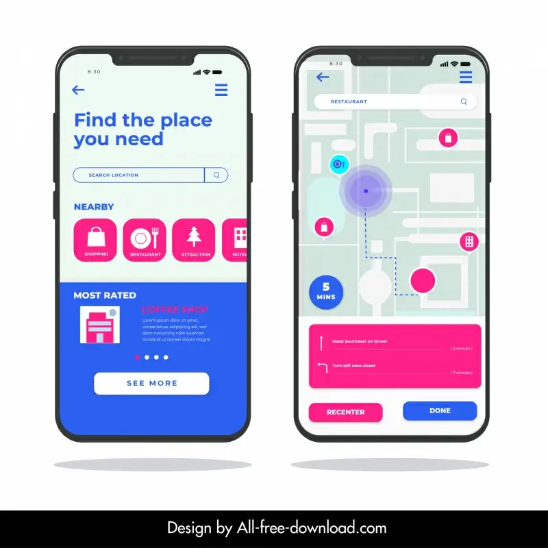 location app  screens  template smartphone sketch flat modern design