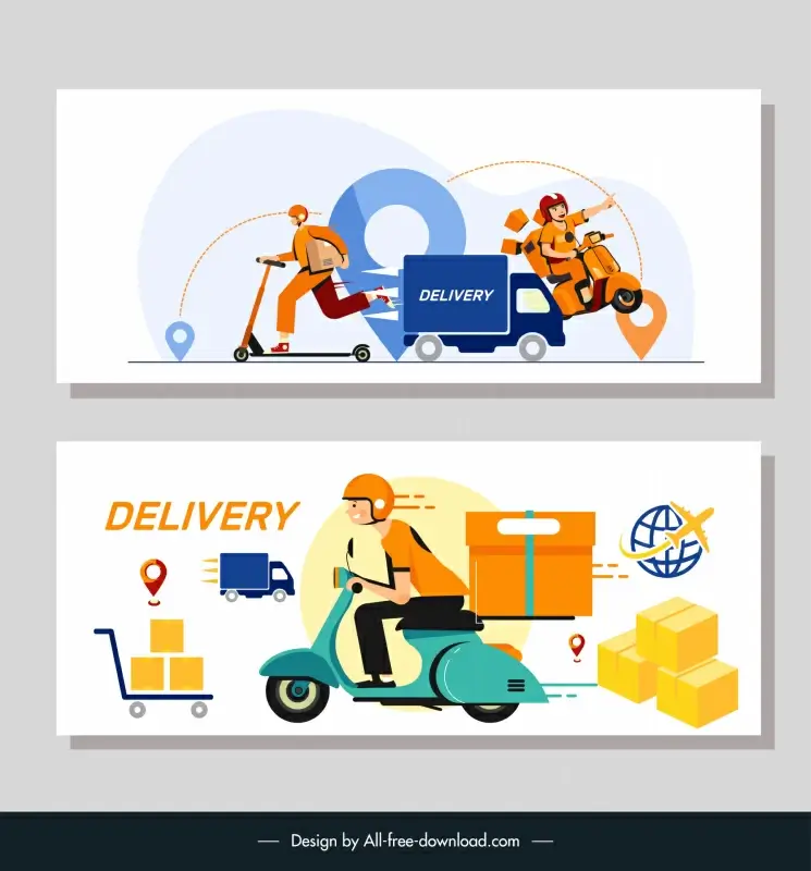 logistics delivery banners templates flat cartoon dynamic shipping elements 