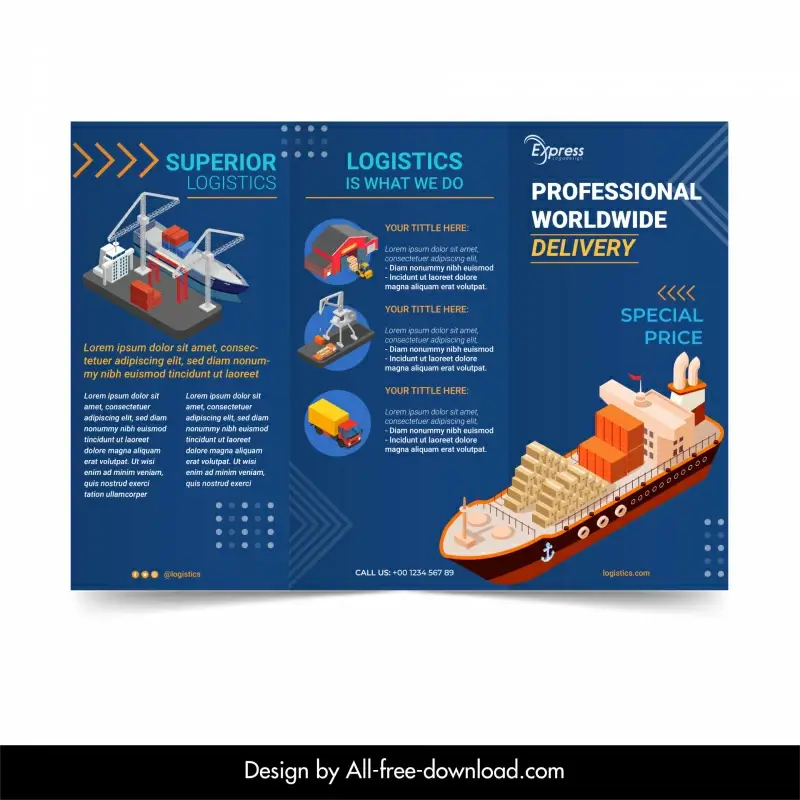 logistics delivery brochure template modern elegant trifold design vessel quay warehouse truck sketch