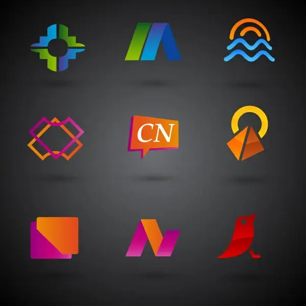 logo design in various shapes on dark background