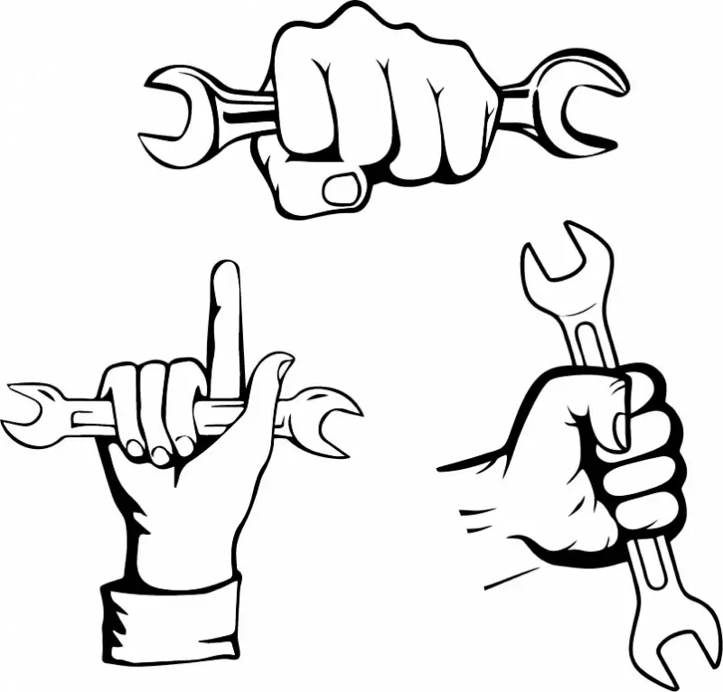 logotipo mecanico mecanico coche emblema insignia handdrawn hand holding wrench 