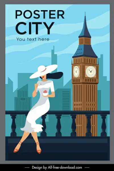 london landmark poster elegant lady tower cartoon sketch
