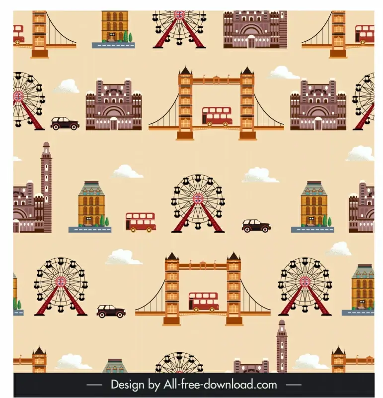 london pattern template flat repeating bridge bus car roller coaster architecture sketch