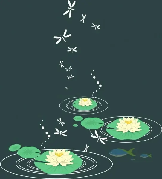 lotus background butterflies icons on dark backdrop