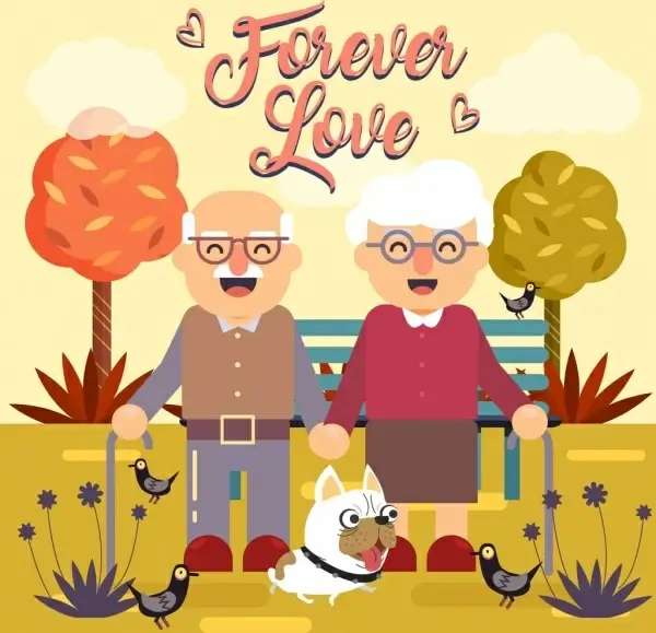 love background old couple pets icons cartoon design
