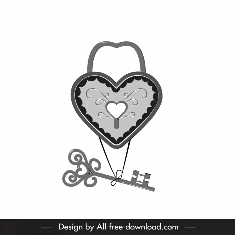 love design elements bw heart lock hanging key sketch