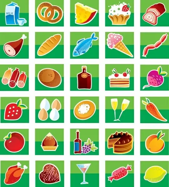food icons collection colorful sketch squares isolation