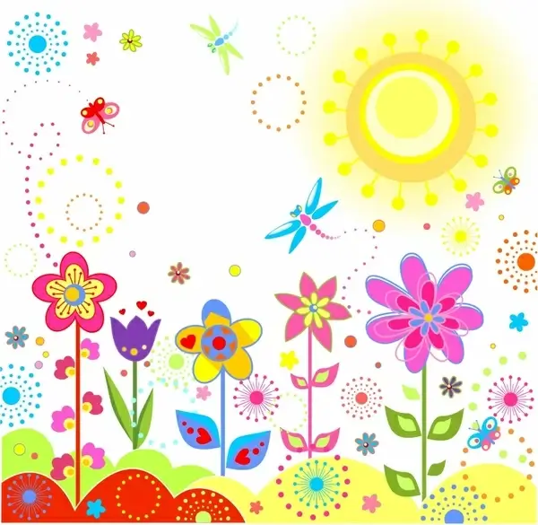 nature painting colorful flowers sun insects sketch