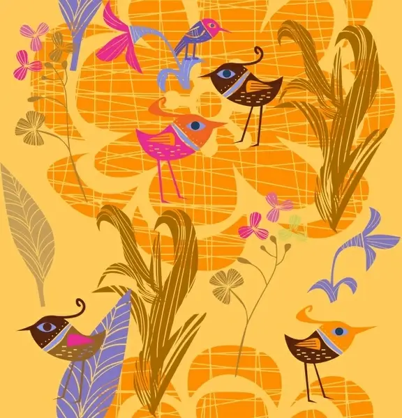 nature painting classic flat handdrawn birds floral sketch