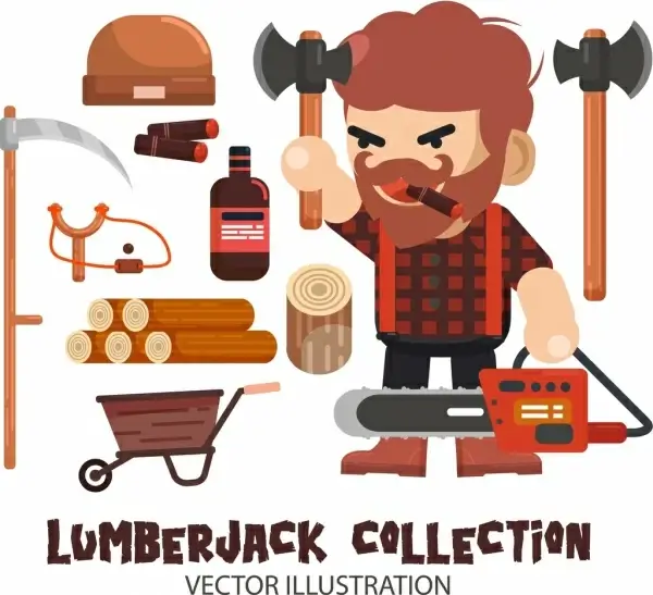 lumberjack design elements man ax wood tools icons