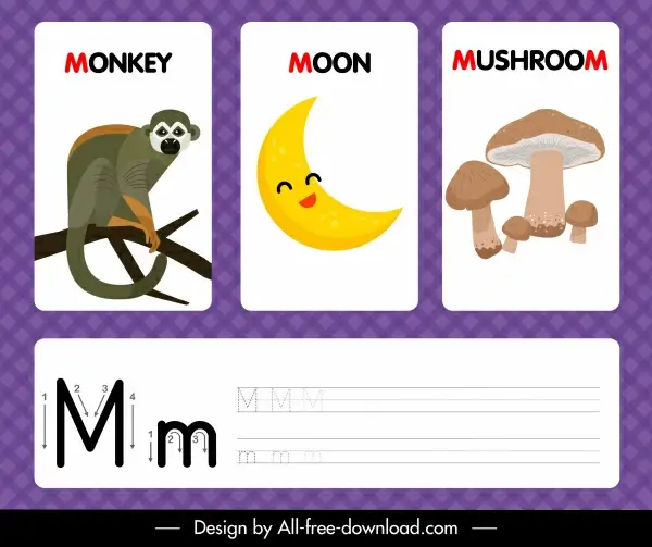 m alphabet education template monkey moon mushroom outline