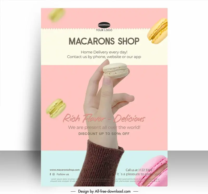 macarons shop poster discount template elegant closeup hand holding cakes
