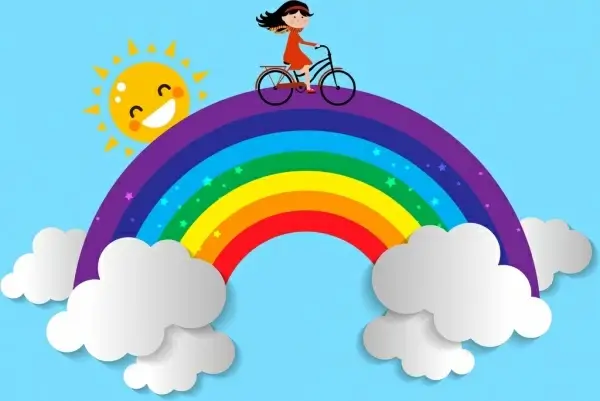 magic background little girl riding bicycle rainbow icons